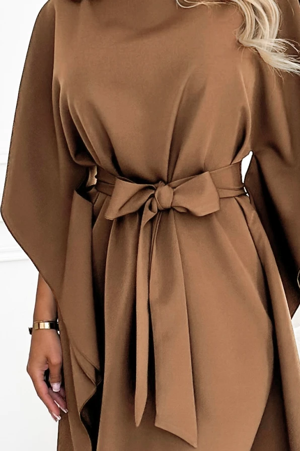 287-39 SOFIA Tauriņu kleita ar sasienamu jostasvietu - kapučīno