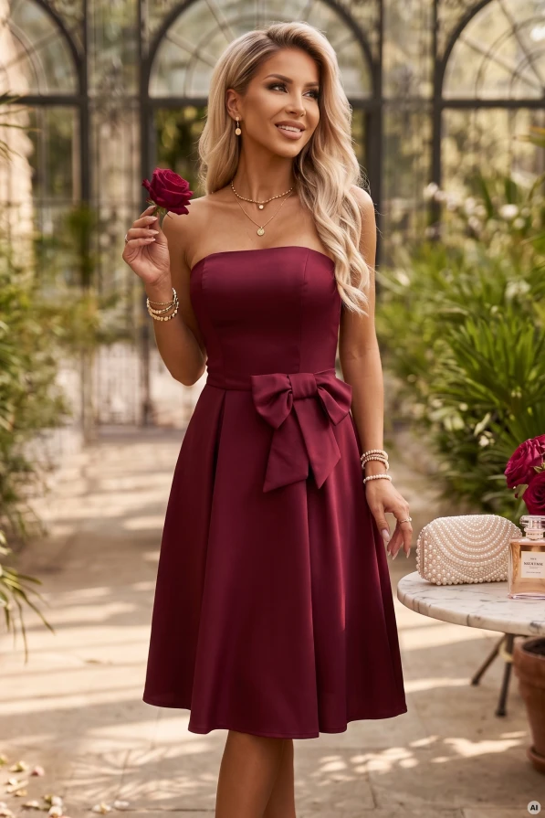 Modele elegantā bordo midi kleitā bez lencītēm, ar platinātu apakšmalu un lielu banti viduklī - Numoco